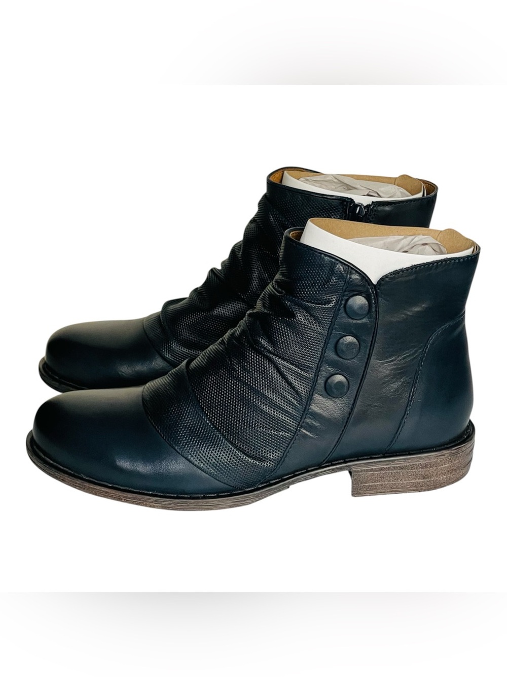 Miz Mooz Lacie Denim Blue Leather Ankle Boots Size 38 EU (US 7.5-8) Ruched